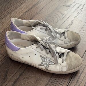 Golden Goose White and Purple Sneakers with Glitter Star
